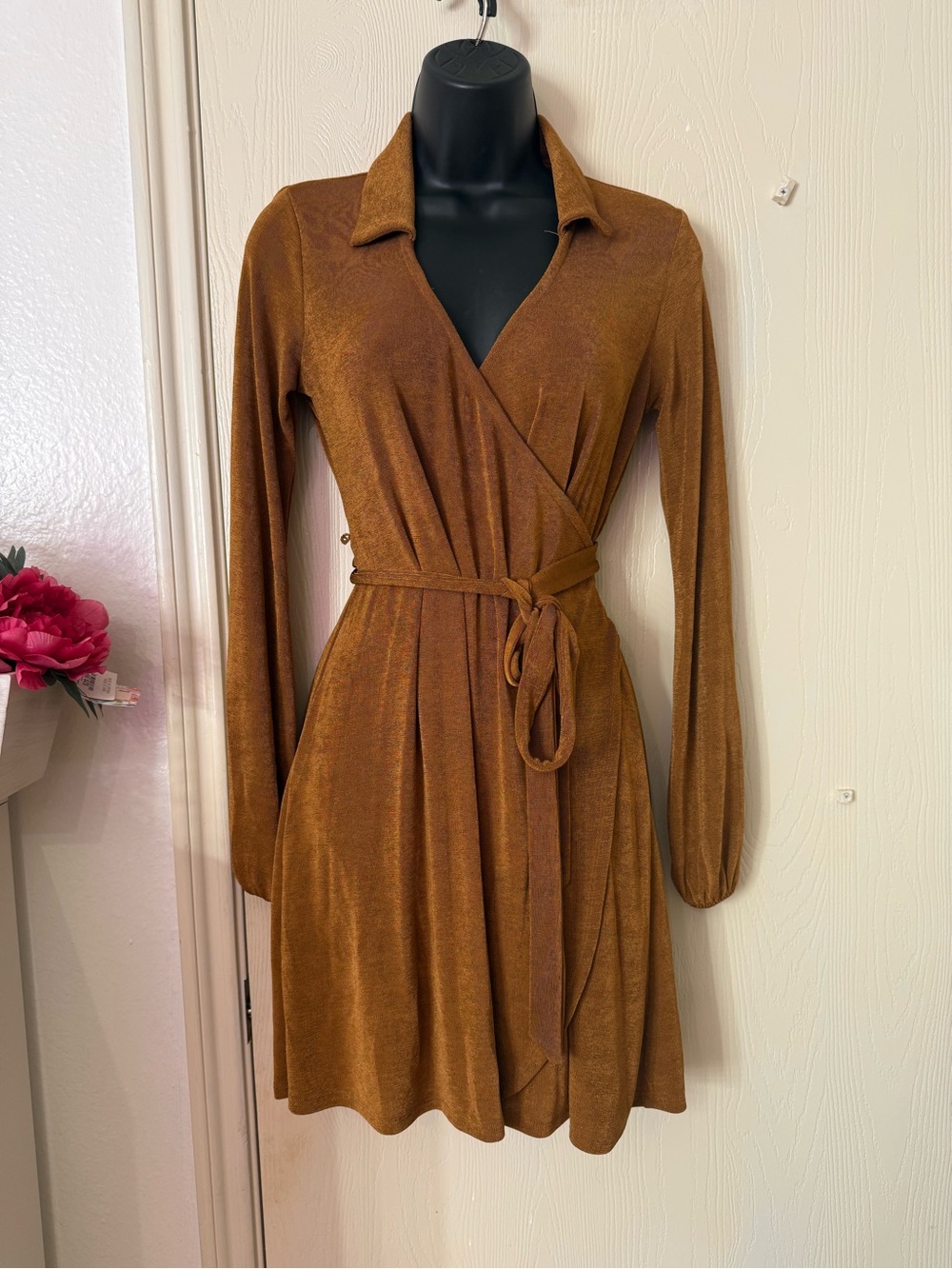 Collared Wrap Dress in Rust Brown with Tie Waist